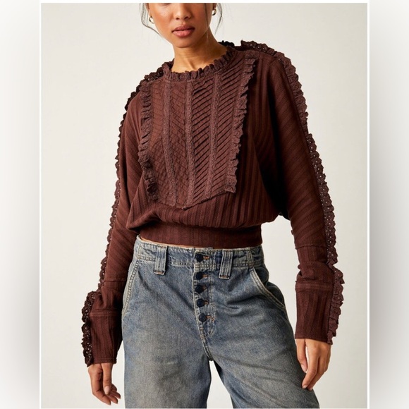 NWT Free People Romance Long Sleeve Top in Mocha - Picture 2 of 12